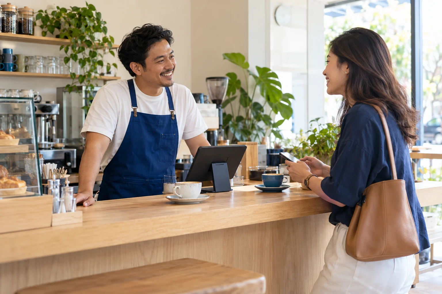 Illustration of a café owner welcoming a returning customer at the counter